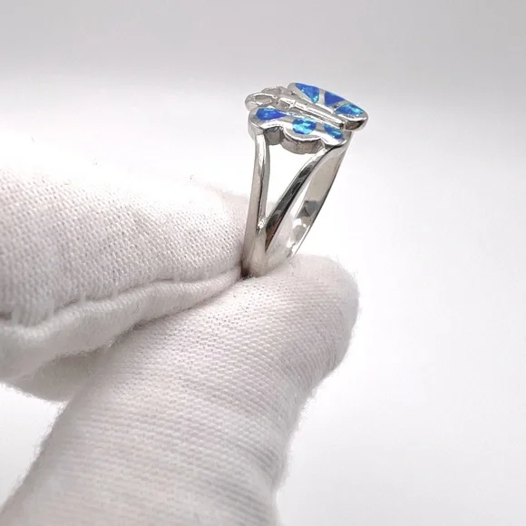 Sale $18 Firm! .925 Sterling Silver Lab Created Blue Opal Butterfly Ring - Picture 3 of 14